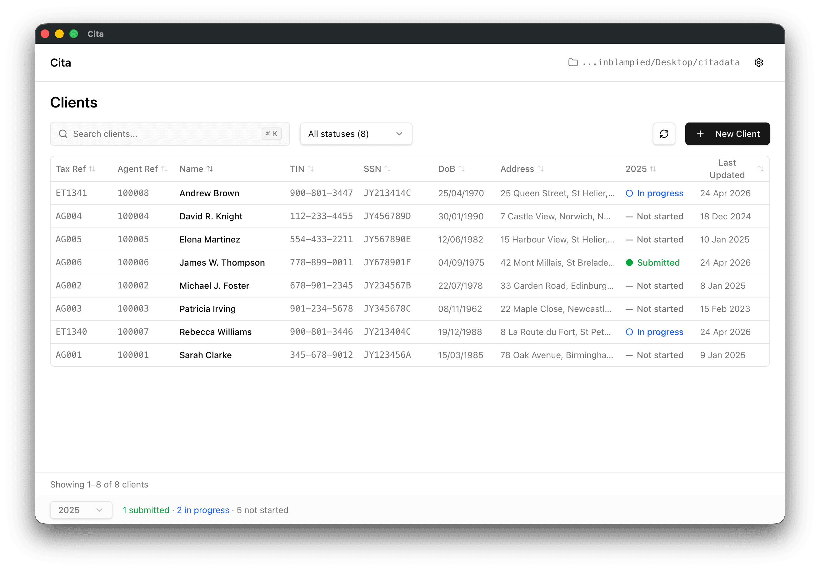 Cita client list showing tax references, status and last-updated date